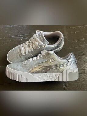 PUMA Cali Ice Silver Platform Sneakers with Floral Accents